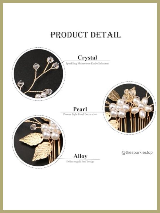 10 Piece Bridal Hair Pins Gold Leaf Wedding Headpiece with Pearl Rhinestone for main image 4